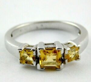 Sterling Silver Three Stone Yellow Spinel Square Cut Cocktail Ring Size 6.25