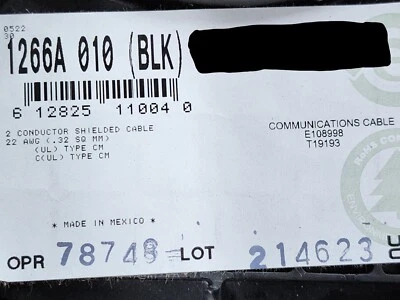 Cable de audio/micrófono blindado Belden 1266A 22/1P Twist par CM negro/100 pies Foto 1 de 4