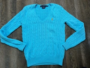 Ralph Lauren Sport türkisblau Zopfmuster VNeck Pullover orange Pony Damen Medium - Bild 1 von 5