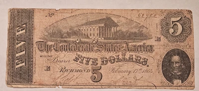 1864 Confederate States of America $5 Bill T-69 CIVIL WAR RELIC note App. - Image 1 of 4