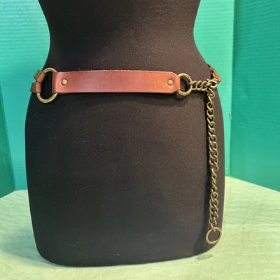 Old Navy Womens Brown Leather Double Strap  Skinny Belt Brass Chain Closure - Image 1 of 4