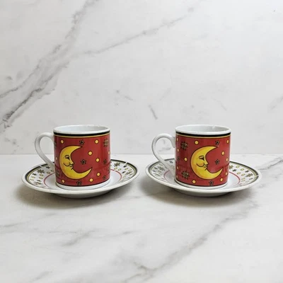 Vintage 2 Piece Celestial Sun & Moon Cups & Saucers Lot Stars Espresso Whimsical - Image 1 of 4