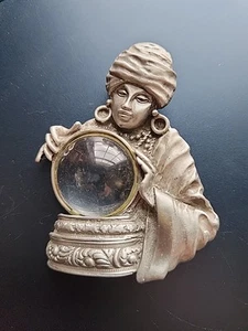 Vintage JJ Jonette Fortune Teller With Crystal Ball Brooch Pin SilverTone Pewter - Picture 1 of 3