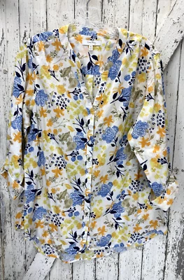 BB Coral Bay 100% Cotton Button Down Top V-Neck Roll-Tab Sleeve Floral Size XL - Image 1 of 4