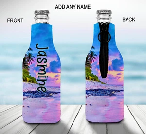 Beach Personalised Stubby Holder Zip Up Bottle Cooler Collapsible - Picture 1 of 11