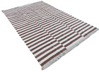 Handmade Cotton Area Flat Weave Woven Rug, Brown & White Indian Striped Dhurrie