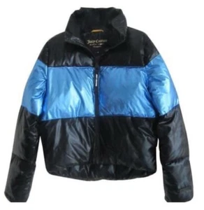 Juicy Couture Women’s Black Label Metallic Puffer Jacket Size Large Blue & Black - Picture 1 of 11