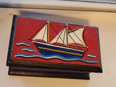 Vintage Hand Painted Woodem Trinket Hinged Box Sailboats Sailing Ocean 5" X 2" - Image 1 of 4