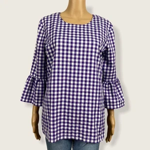 Double R Ravi Ratan SMALL Purple White Gingham Bell Sleeve Shirt Top Blouse - Picture 1 of 9