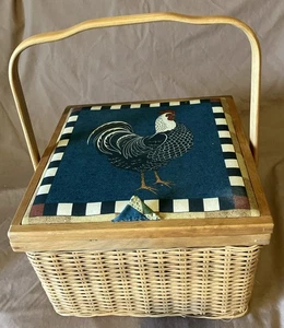 VTG Warren Kimble Sewing Basket Lined With shelf 11 3/4” Square - Picture 1 of 6