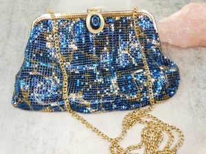 Vtg Whiting Davis Art Deco Evening Bag Purse BLUE GOLD Mesh Jewel Clasp STUNNING - Picture 1 of 24