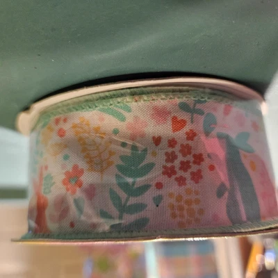 1 Roll Spring into Easter Pastel Rabbit and Flowers Wired Ribbon - Image 1 of 2