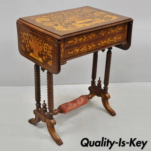 19th C. Dutch Marquetry Inlaid Regency Style Drop Leaf Sewing Stand Work Table Cover
