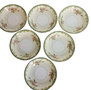6 Vtg 1930 Noritake INGRAM 5 1/4 Berry Bowls Pink Rose Sprays Turquoise Tan Gold - Picture 1 of 8