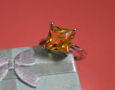 Princess Cut, Big Nice Stone Citrine Ring, White Gold Plated, Size 5, 6,7,8 - Image 1 of 4