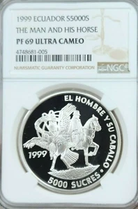 1999 ECUADOR SILVER 5000 SUCRES MAN AND HIS HORSE NGC PF 69 ULTRA CAMEO - Picture 1 of 4