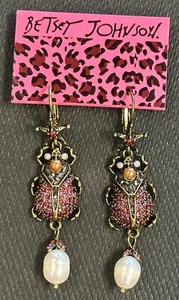 Dangling RED & PINK  Crystal, Faux Pearl Beetle- Betsey Johnson Pierced EARRINGS - Picture 1 of 7