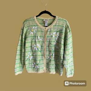 Talbot Strickjacke Damen LP grün gelb Gänseblümchen kariert bestickt Baumwolle Y2K - Bild 1 von 10