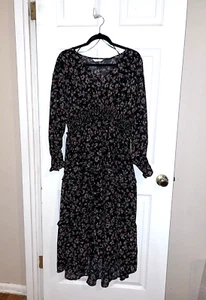 Time and Tru schwarz Blumendruck Langarm Stufen Maxikleid Gr. L 14-16 - Bild 1 von 18