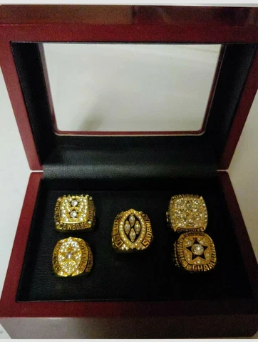 Dallas Cowboys - Super Bowl Gold Color 5 Ring Set W Wooden Box. Aikman Staubach Cover