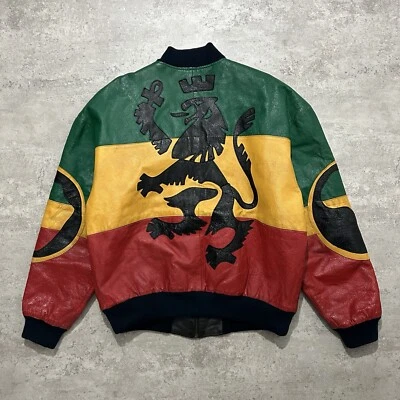 VTG 90s MICHAEL HOBAN RASTA ZION LEATHER BOMBER JACKET SIZE L - Image 1 of 4
