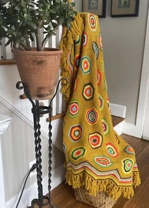 VTG 70’s Colors Granny Crochet Blanket - (rug??)Handmade- Unique Design 73”x 49” - Picture 1 of 13