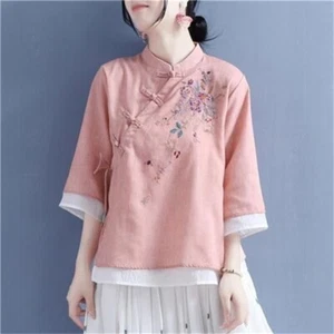 Ladies Cotton Linen Blouse Floral Embroidered Women Chinese Retro Vintage Shirt - Picture 1 of 16