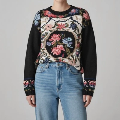 Y2K Embroidered Grandmacore Dark Floral Sweater Whimsygoth Cottagecore Crew Sz L - Image 1 of 4