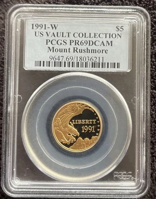 1991-W Mount Rushmore памятный $5 золото PR69DCAM PCGS США хранилище коллекции.  - Изображение 1 из 4