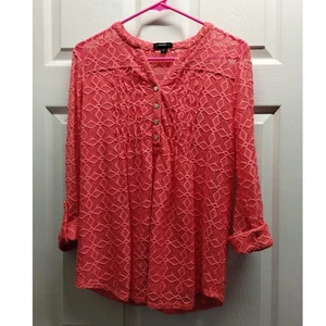 Cocomo Women's Size Large Coral Pink Lace Layered 3/4 Sleeves Popover Top - Picture 1 of 7