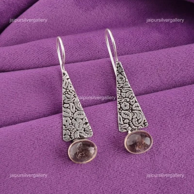 椭圆形氨黄水晶宝石 925 银悬钩边框最佳女儿礼物耳环 — 第 1/4 张图片