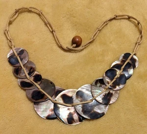 Necklace Stringed & Knotted Faux Wooden Bobble Bead Fastening@ Rear. Shell Style - Picture 1 of 4