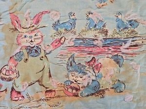 Baby Quilt Crib Blanket Hand-Tied Blue Pink 34x60 Farm Bunnies Vintage - Picture 1 of 13