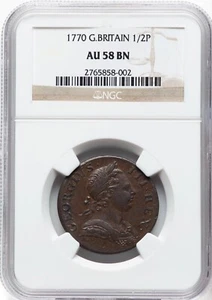 ENGLAND GEORGE III 1770 HALF PENNY COPPER COIN, CHOICE AU, CERTIFIED NGC AU58 - Picture 1 of 2