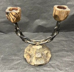 Vintage Brutalist Kerzenhalter Kandelaber 10" Holz Metall Kette Mittelalter Industrial  - Bild 1 von 16