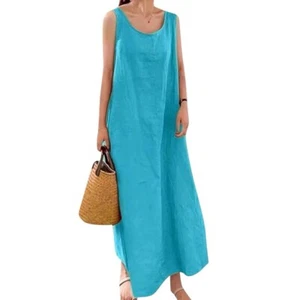 FUSCIA Leinenmischung Maxi Boho Swing Kleid mit Taschen Made in Italy türkis blau Gr. XL - Bild 1 von 10