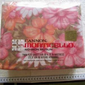 Vintage Aloha Sheets SET QUEEN Cannon Monticello 1970s Retro Fabric Pink Floral - Picture 1 of 6