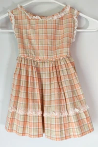 Abito da ragazza vintage senza maniche in pizzo con orlo cravatta in vita a quadri ~ bianco pesca marrone arancione - Foto 1 di 19