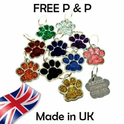 Personalised Puppy Pet Paw ID Tags Dog ID / Cat ID Bling Tag Name ENGRAVING - Image 1 of 4