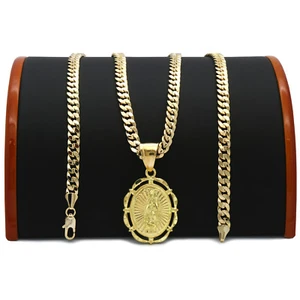 Mens 18k Gold Plated Oval Guadalupe Pendant 5mm 24" Cuban Necklace Chain - Picture 1 of 7