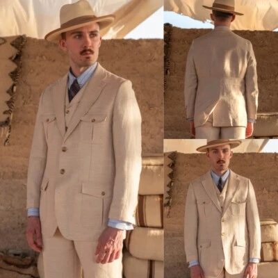 Trajes de lino beige para hombre 3 piezas verano playa safari chaqueta boda novio blazer Foto 1 de 4