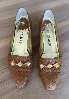 Bottega Veneta - Mocasines de Cuero - Talla 6.5 - Tejido Camel Acentos Dorados - De Colección Foto 1 de 4