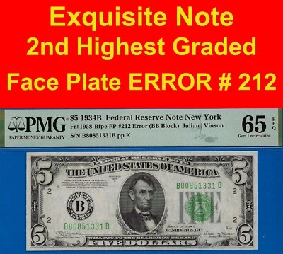 1934B $5 Federal Reserve Note PMG 65EPQ rare Face Plate Error # 212 Fr 1958-Bfpe - Image 1 of 4