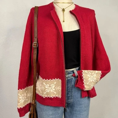 Cárdigan Vintage Rojo Tejido Cremallera Nórdico Copo de Nieve Bordado Fair Isle Suéter Med Foto 1 de 4
