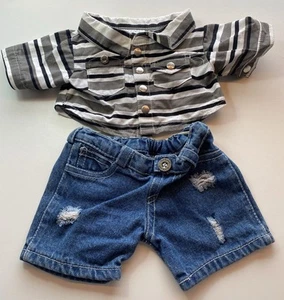 Build A Bear Grey White Black Stripe Shirt Blue Ripped Jeans Outfit Boys Clothes - Picture 1 of 17