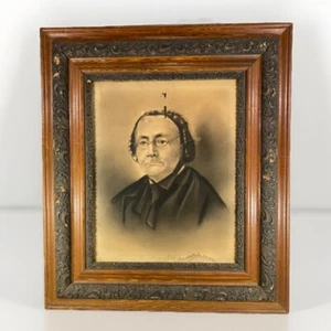 Antique Charcoal Drawing Framed Spooky Serious Old Lady Active Spirit 27X31” - Picture 1 of 17