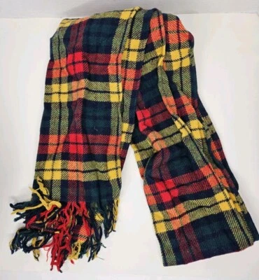 Cachecol xadrez vintage década de 1970 Junior House 100% lã amarelo, verde, azul e vermelho 12x96 - Imagem 1 de 4