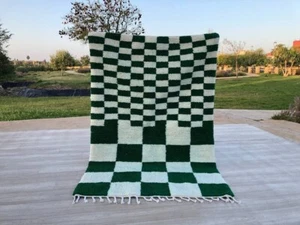 Large Green and white checkered rug, Moroccan Berber checkered rug - Picture 1 of 4