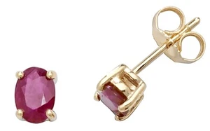 9ct Yellow Gold Ruby Oval Stud Earrings - UK Made - 6mm x 4mm - Picture 1 of 5
