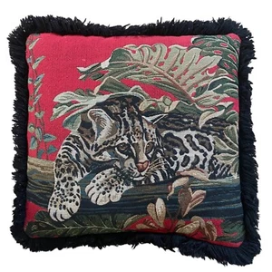 Exotic Tapestry Throw Pillow Leopard Jungle Accent Pillow Fringe Trim 14x14 - Picture 1 of 6